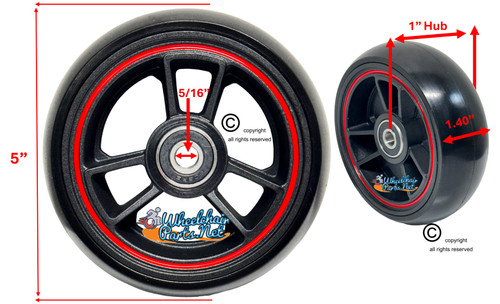 TRI RACER - 5" x 1.40" 3-Spoke Composite Mag Wheel, Black Wheel With Red Strip/ Black Tire. Sold as Set of 2